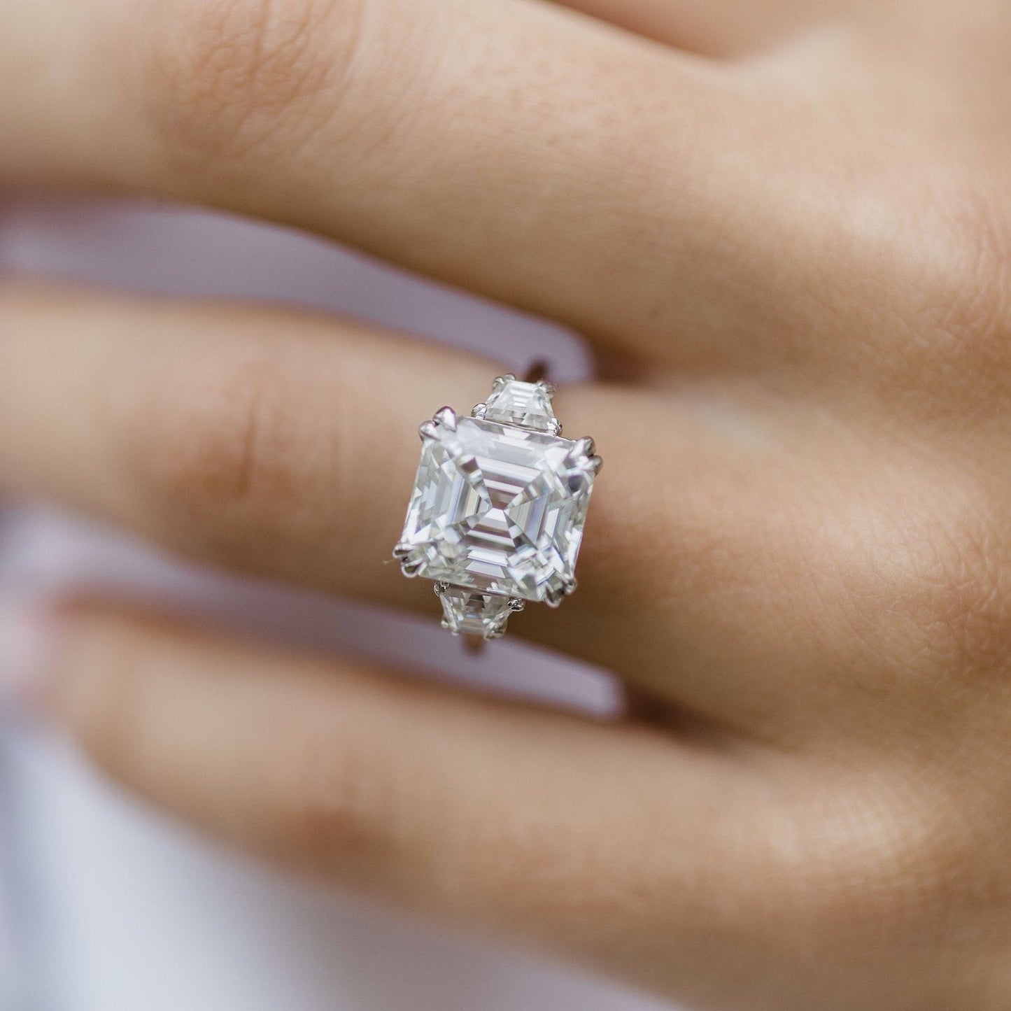 Asscher Three Stone Lab Grown Diamond Engagement Ring