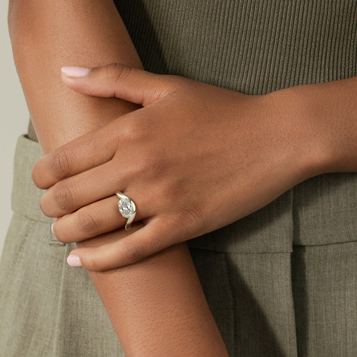 Oval Solitaire Wave Band Lab Grown Diamond Engagement Ring