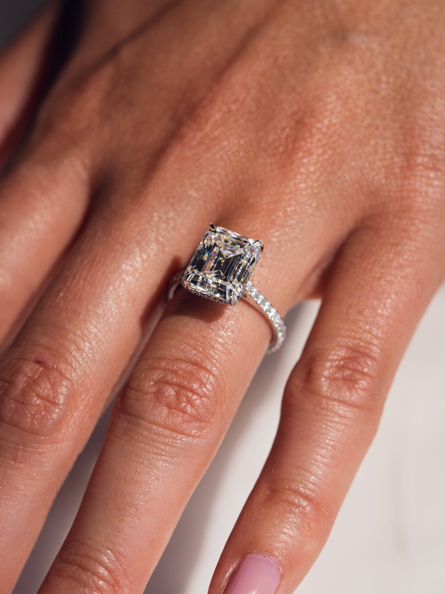 3.42 CT Emerald Cut Lab Grown Diamond Engagement Ring With Hidden Halo Setting