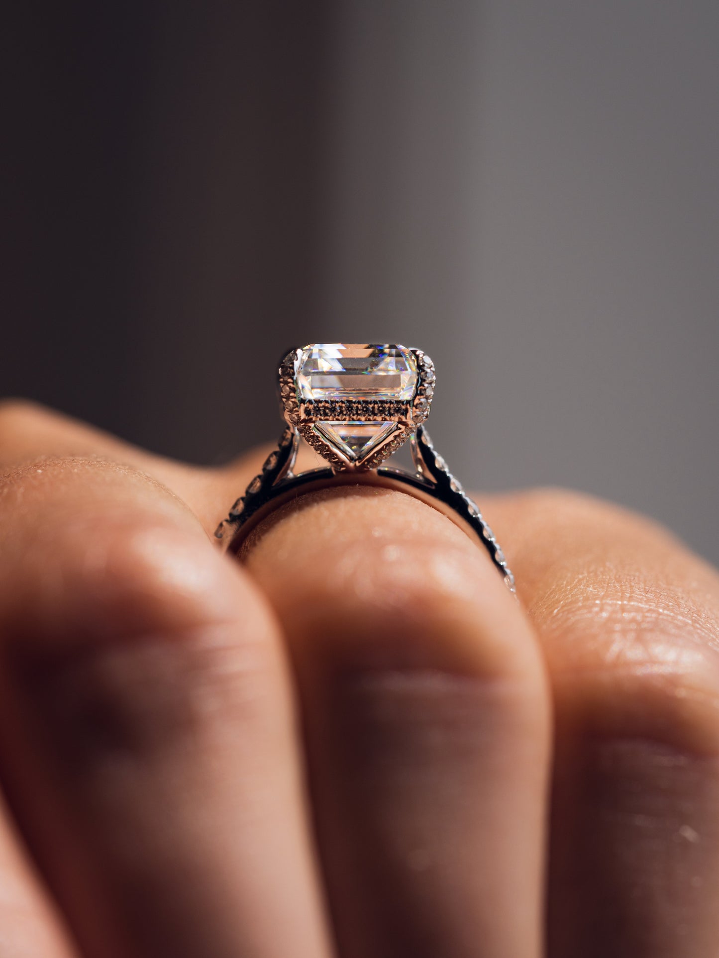 3.42 CT Emerald Cut Lab Grown Diamond Engagement Ring With Hidden Halo Setting