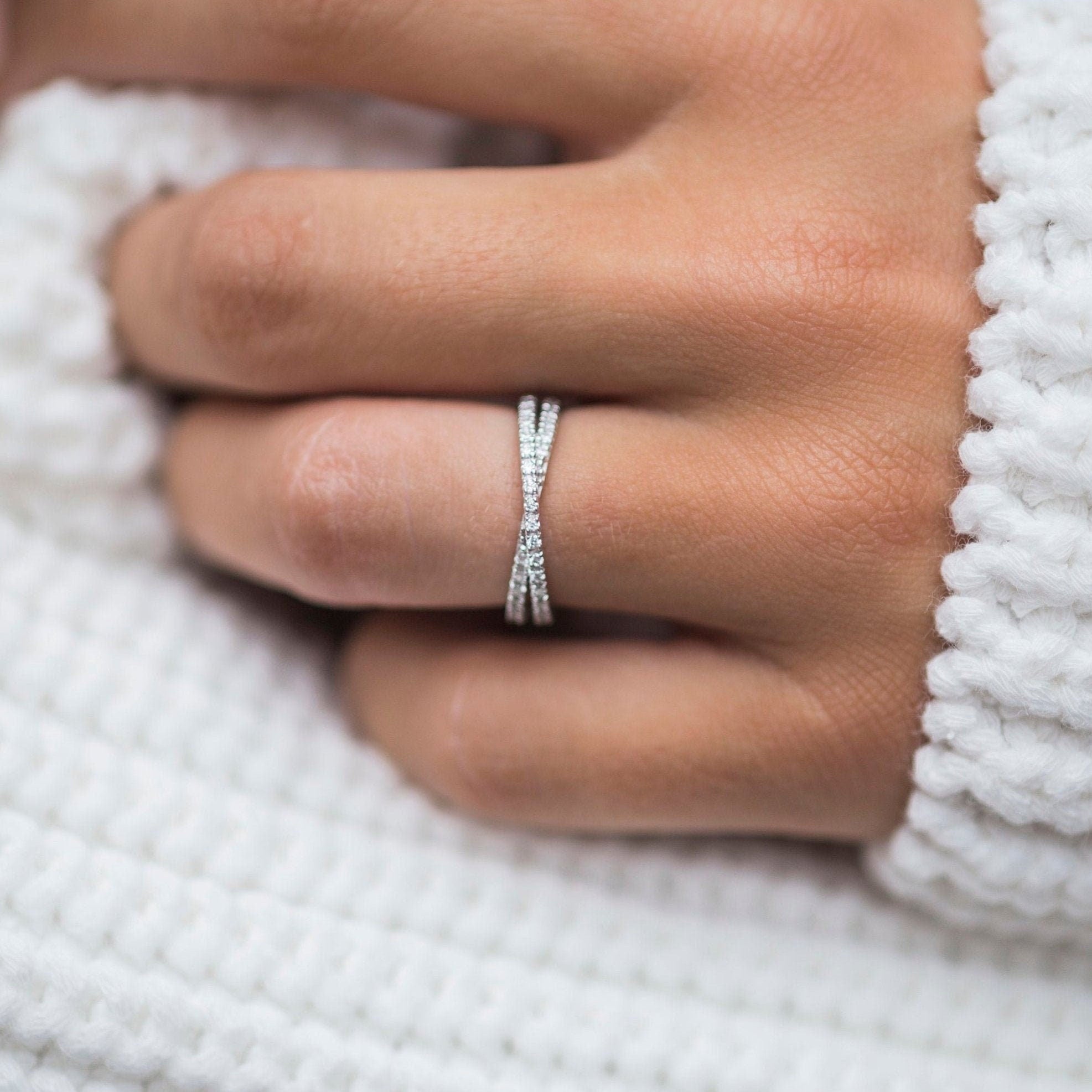 0.40 TCW Round Cut Cross Over Moissanite Wedding Band 1 0.40 TCW Round Cut Cross Over Moissanite Wedding Band 1