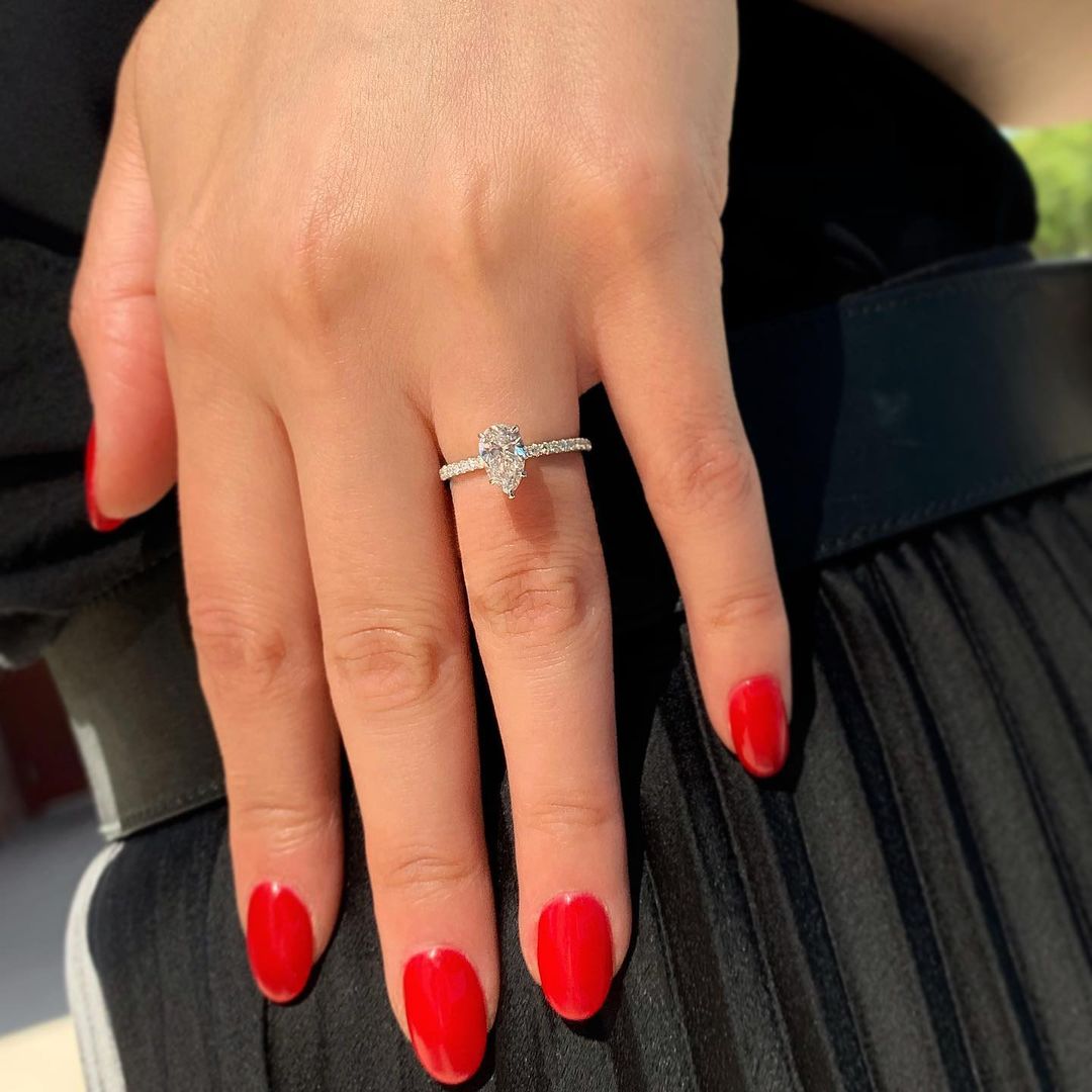 0.94 CT Pear Shape Pave Setting Moissanite Engagement Ring