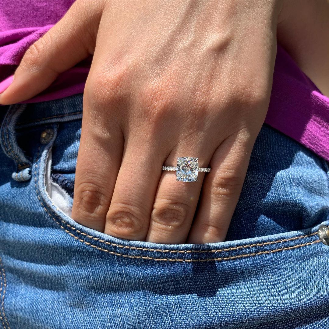 1.5 CT Cushion Solitaire & Pave Moissanite Engagement Ring 6 1.5 CT Cushion Solitaire & Pave Moissanite Engagement Ring 6