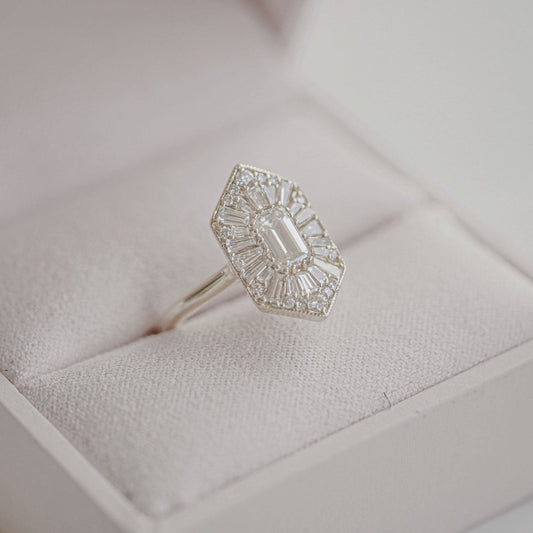 0.56 CT Emerald Cut Ballerina Art Deco Moissanite Diamond Engagement Ring