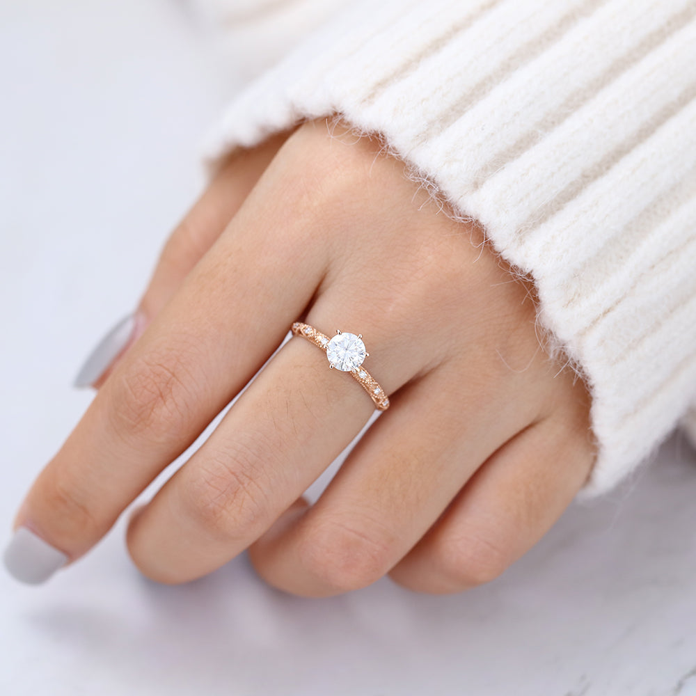 Round Milgrain Pave Lab-Grown Diamond Engagement Ring
