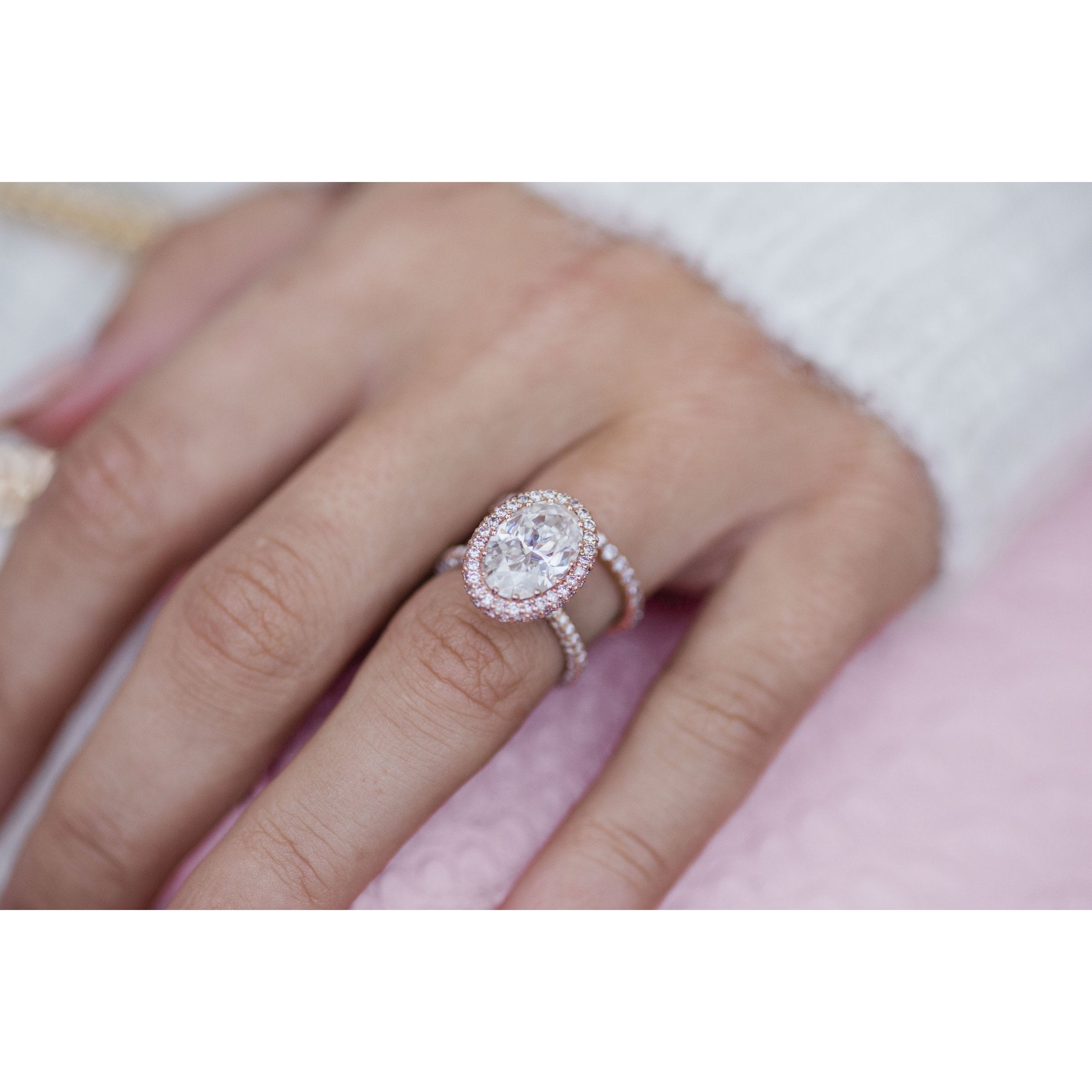 3.90 CT Oval Halo & Pave Moissanite Engagement Ring 4 3.90 CT Oval Halo & Pave Moissanite Engagement Ring 4