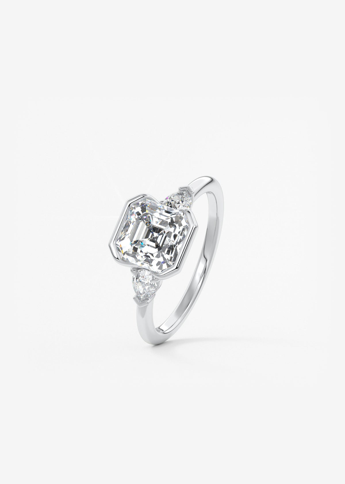 Asscher Three Stone Bezel Lab Grown Diamond Engagement Ring