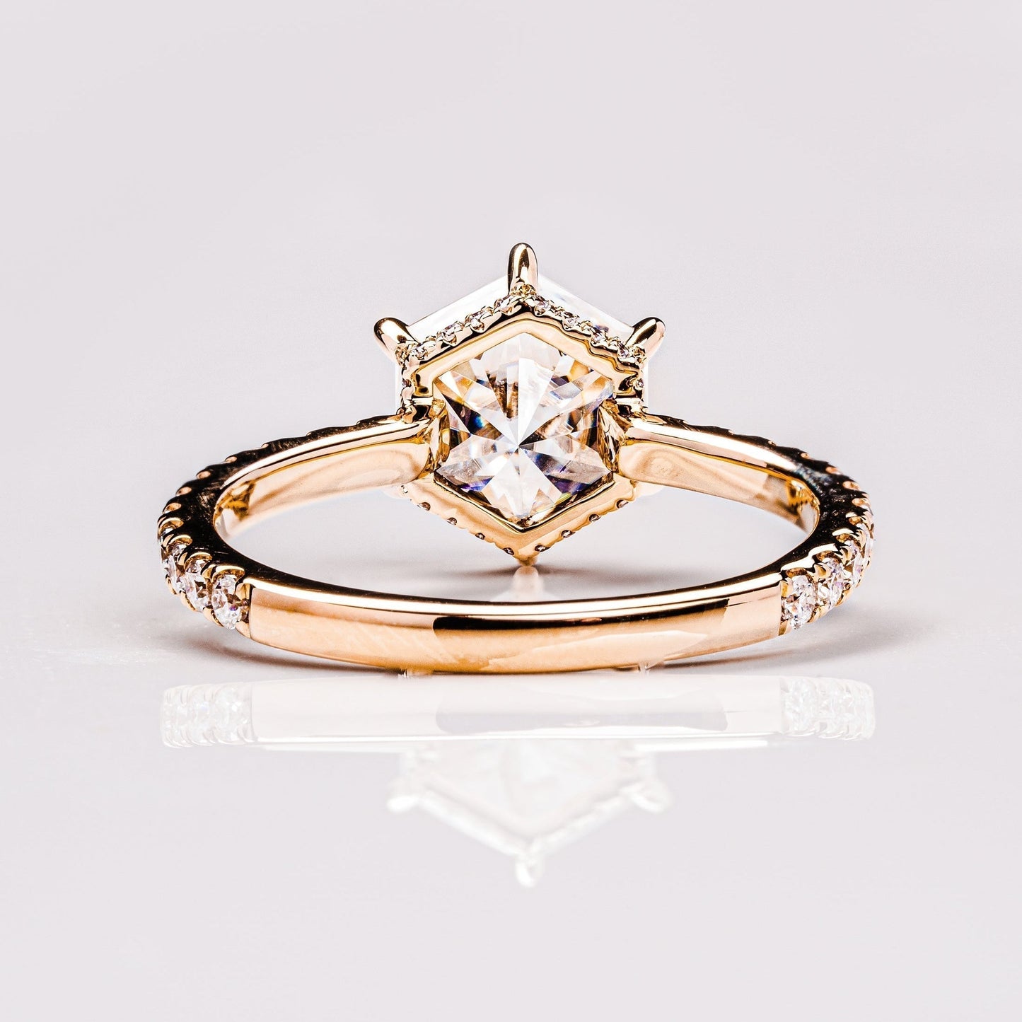 Hexagon Hidden Halo & Pave Moissanite Engagement Ring