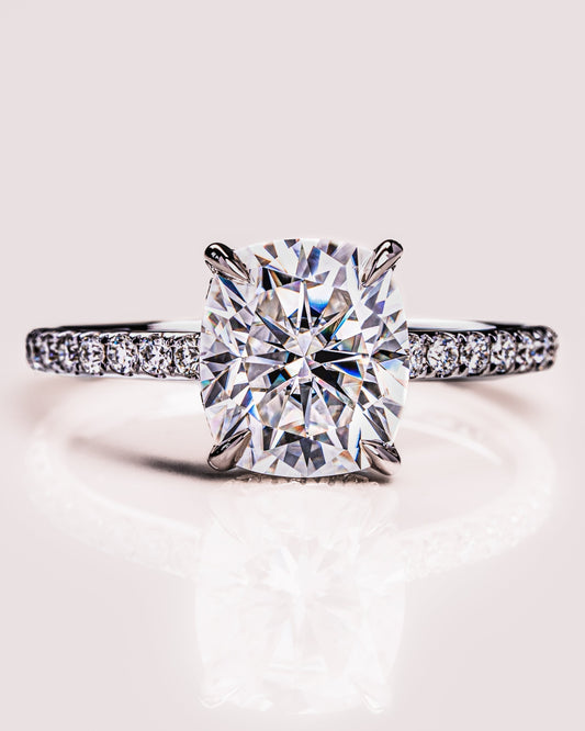 0.96 CT Cushion Lab Grown Diamond Engagement Ring With Hidden Halo & Pave Setting