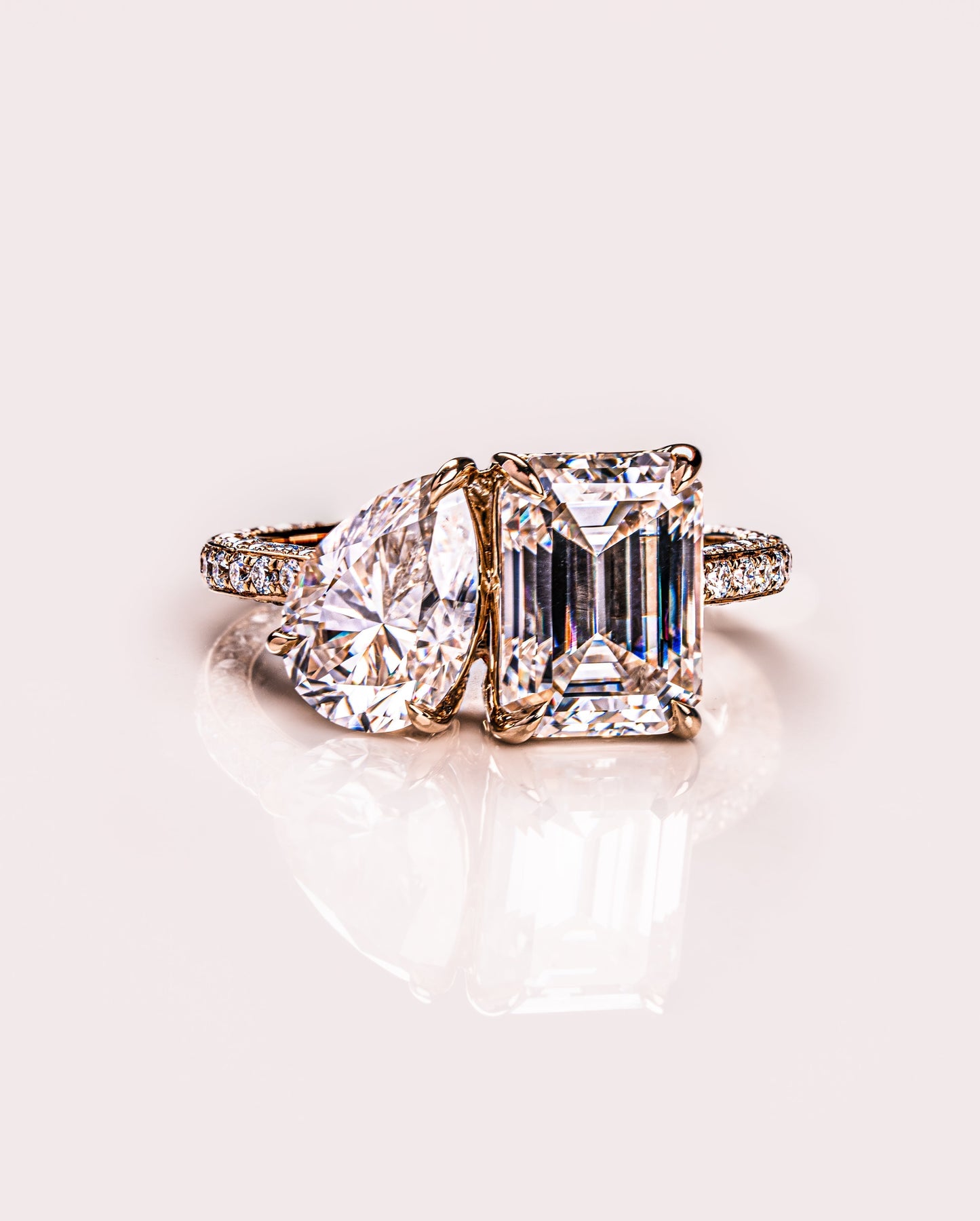 2.25 CT Emerald & Pear Two Stone Lab Grown Diamond Engagement Ring With Three Side Pave Setting