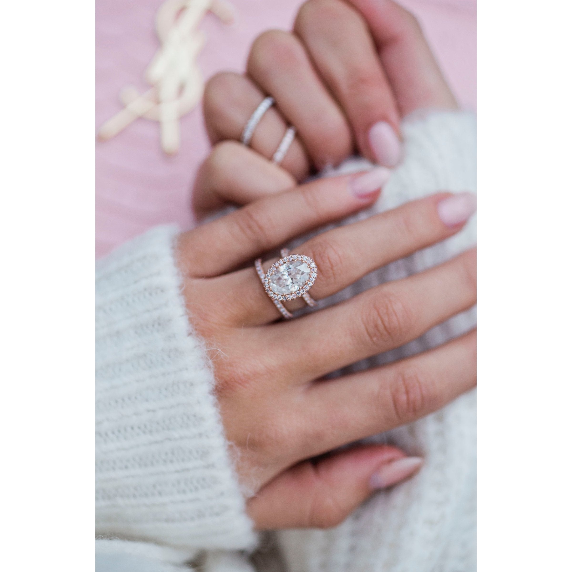3.90 CT Oval Halo & Pave Moissanite Engagement Ring 3 3.90 CT Oval Halo & Pave Moissanite Engagement Ring 3