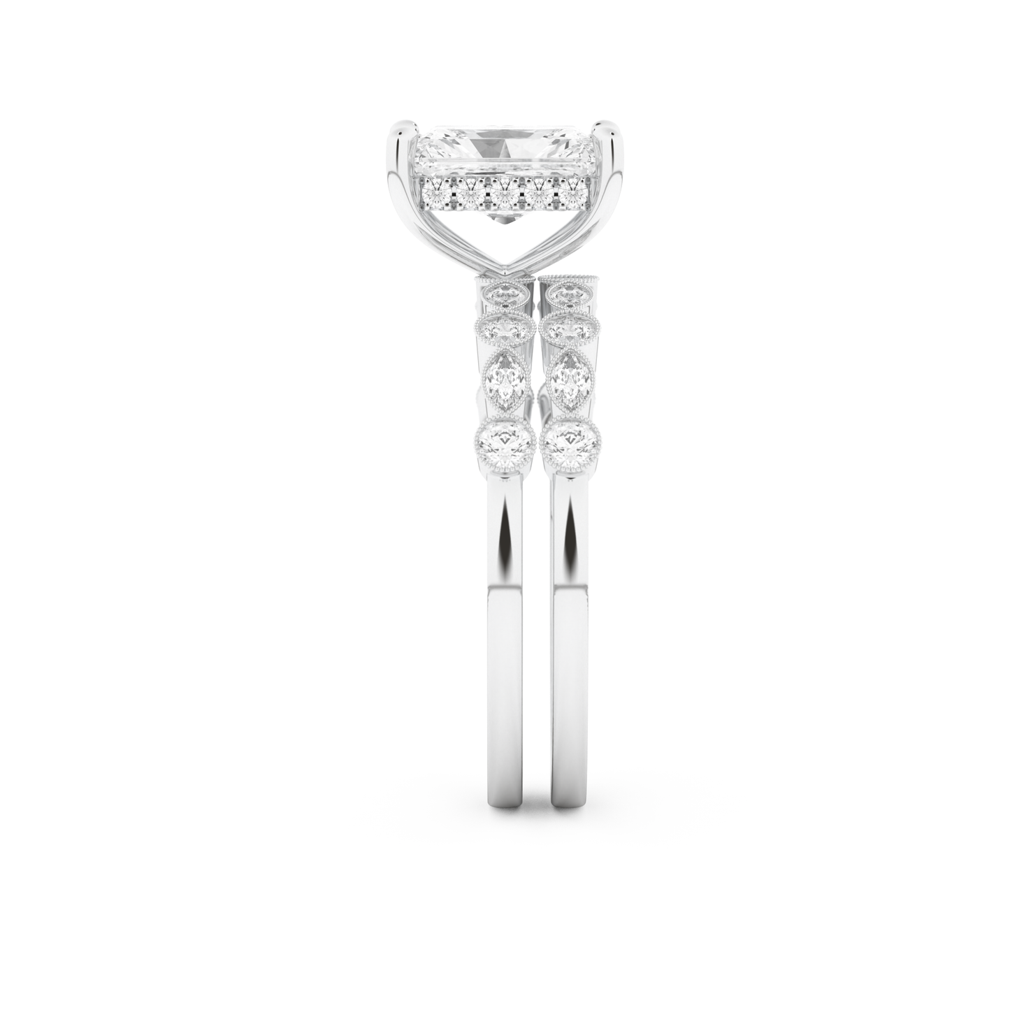 Radiant Cut Moissanite Bridal Set with Pave Settings– 1.56 CT Center, 0.53 TCW Accents 6