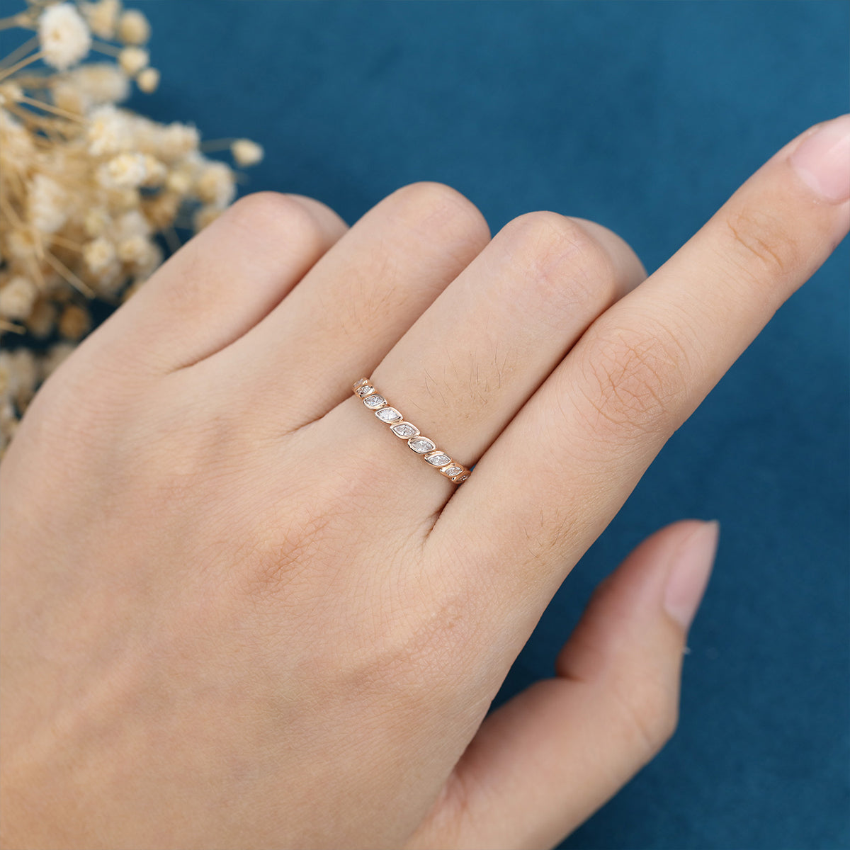 1.2 TCW Marquise Half Eternity & Bezel Lab Grown Diamond Wedding Band