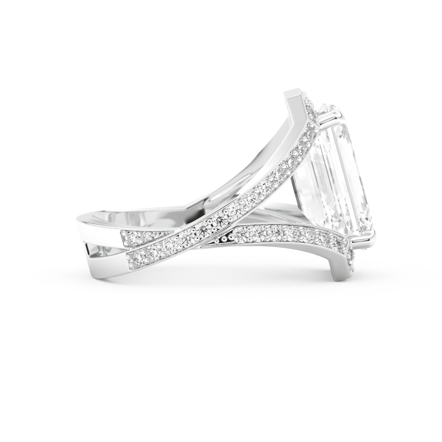 Elongated Emerald Cut 5.75 Carat Moissanite Ring – Split Shank & Pave Setting in Gold