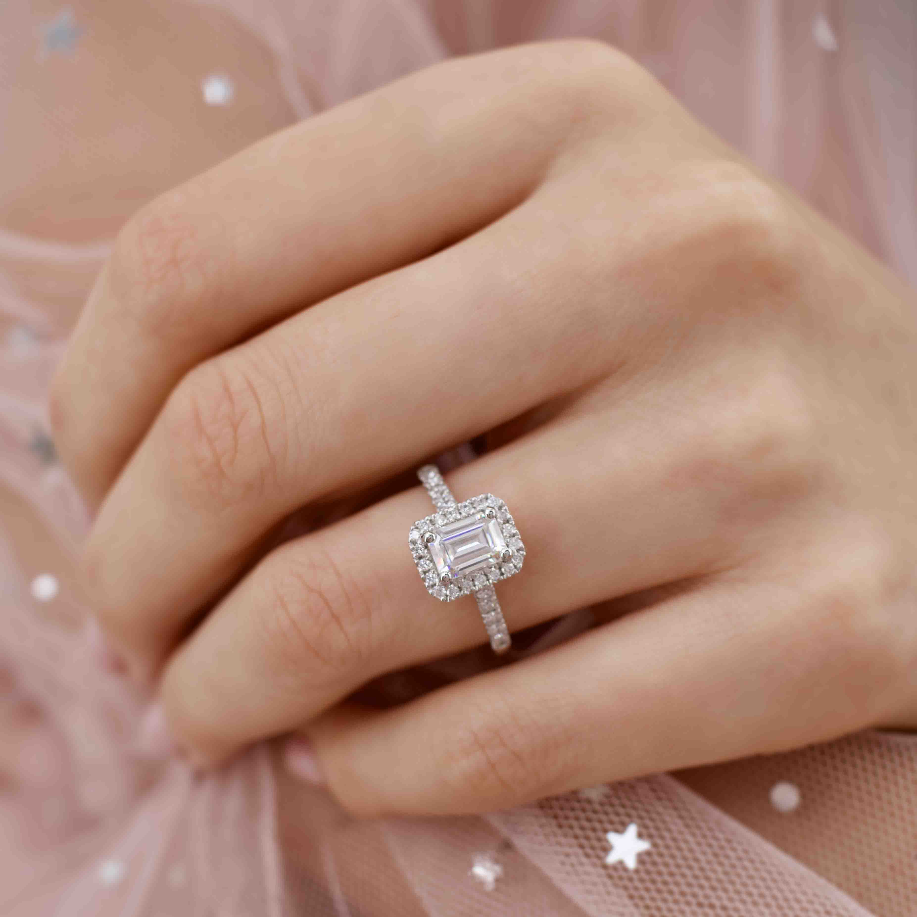 1.01 CT Emerald Shaped Moissanite Halo Style Engagement Ring 1 1.01 CT Emerald Shaped Moissanite Halo Style Engagement Ring 1