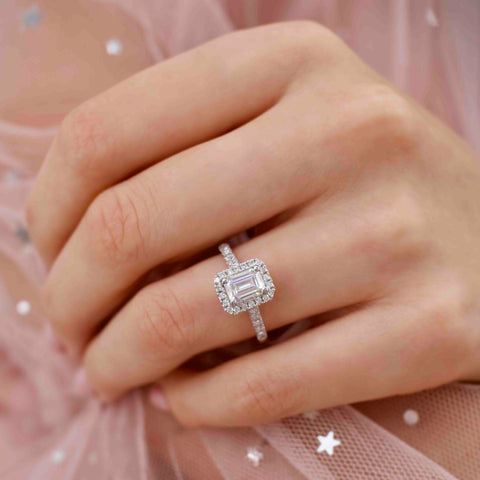 1.01 CT Emerald Shaped Moissanite Halo Style Engagement Ring 1 1.01 CT Emerald Shaped Moissanite Halo Style Engagement Ring 1