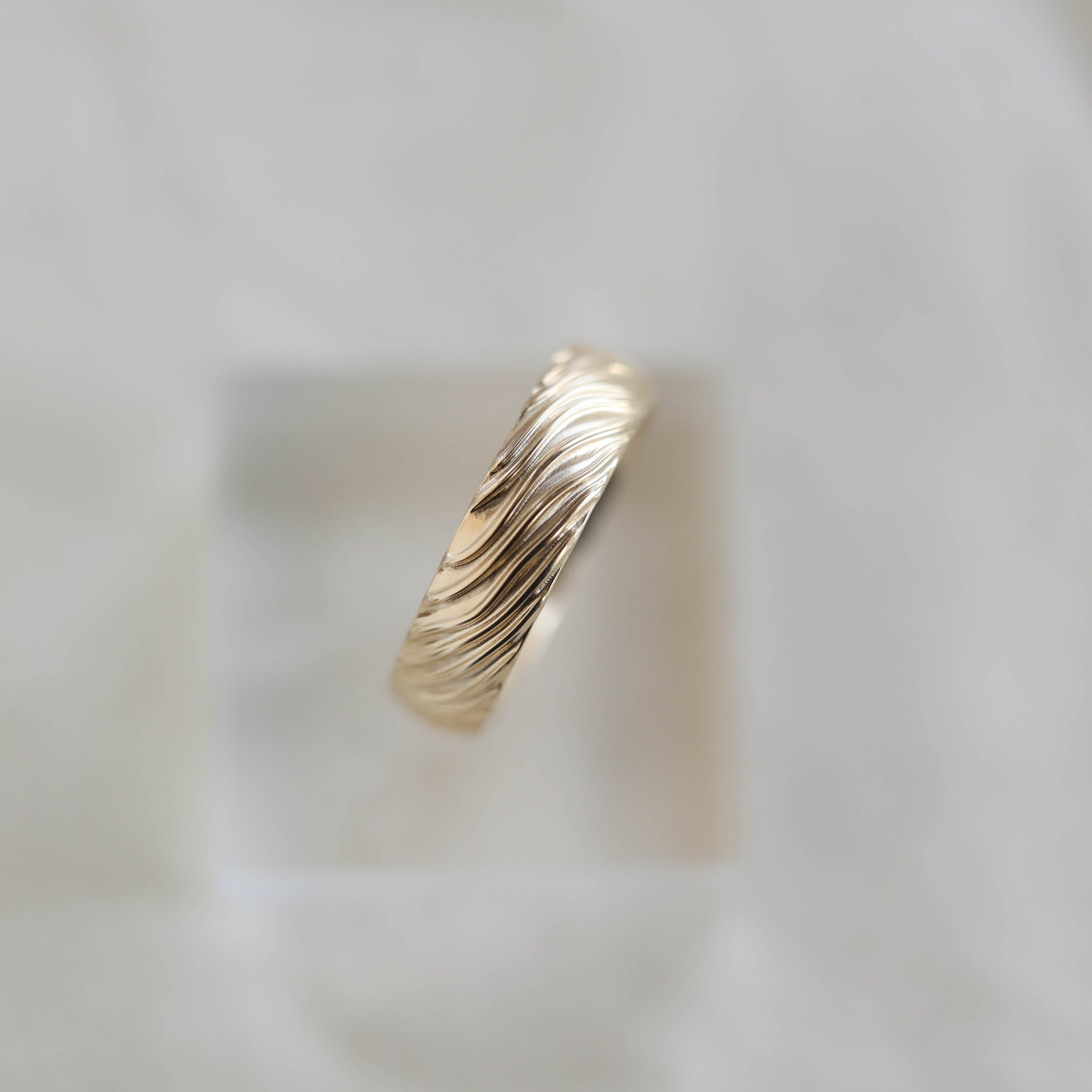Yellow Gold Men's Wedding Band with wave like texture 3 Yellow Gold Men's Wedding Band with wave like texture 3