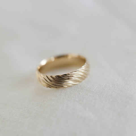 Yellow Gold Men's Wedding Band with wave like texture 4 Yellow Gold Men's Wedding Band with wave like texture 4