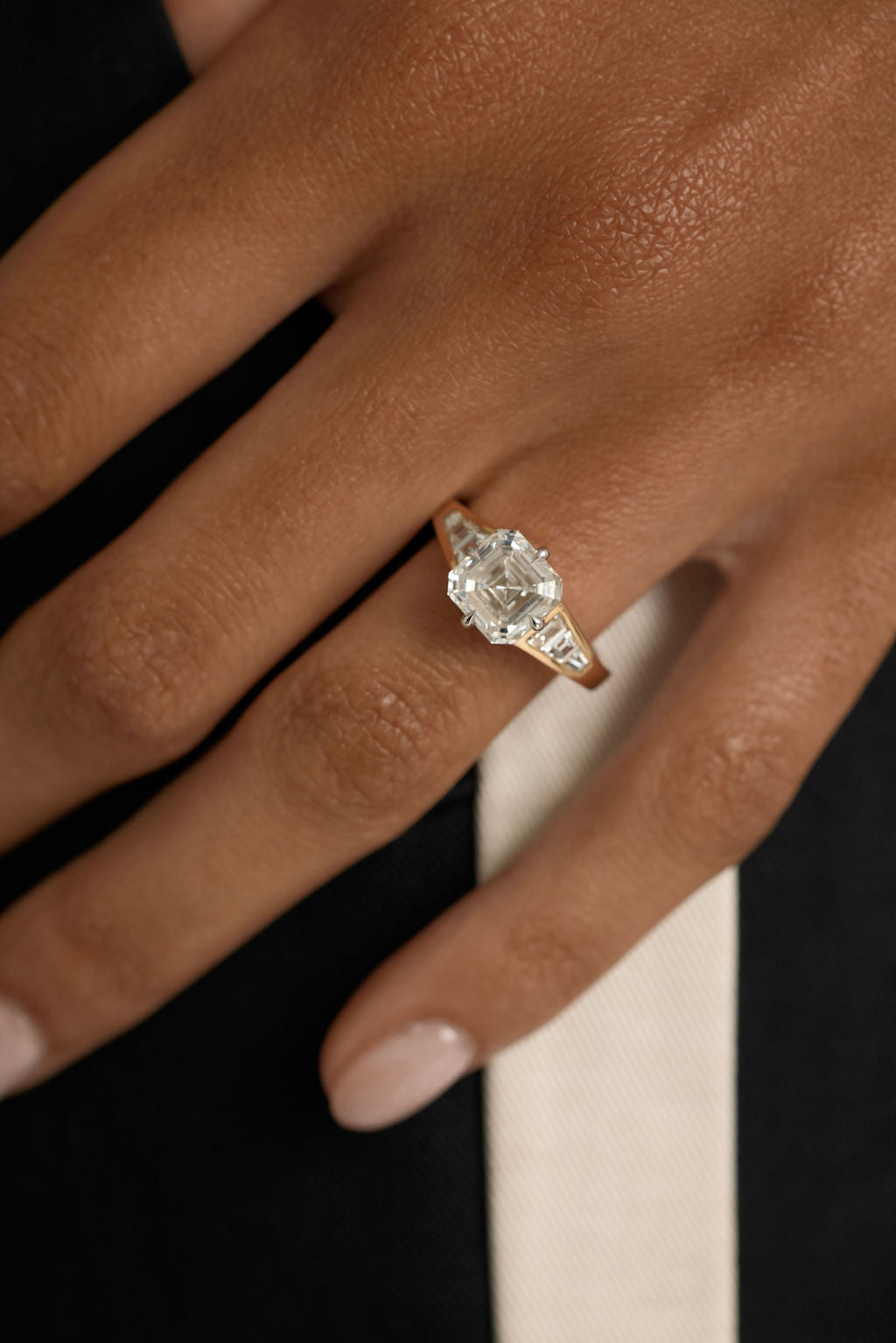 3.10 CT Asscher Pavé Lab Grown Diamond Engagement Ring with Trapezoid Diamond Accents