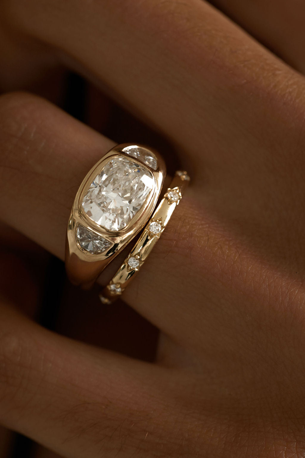 3.82 CT Cushion Signet Three Stone Lab Grown Diamond Engagement Ring