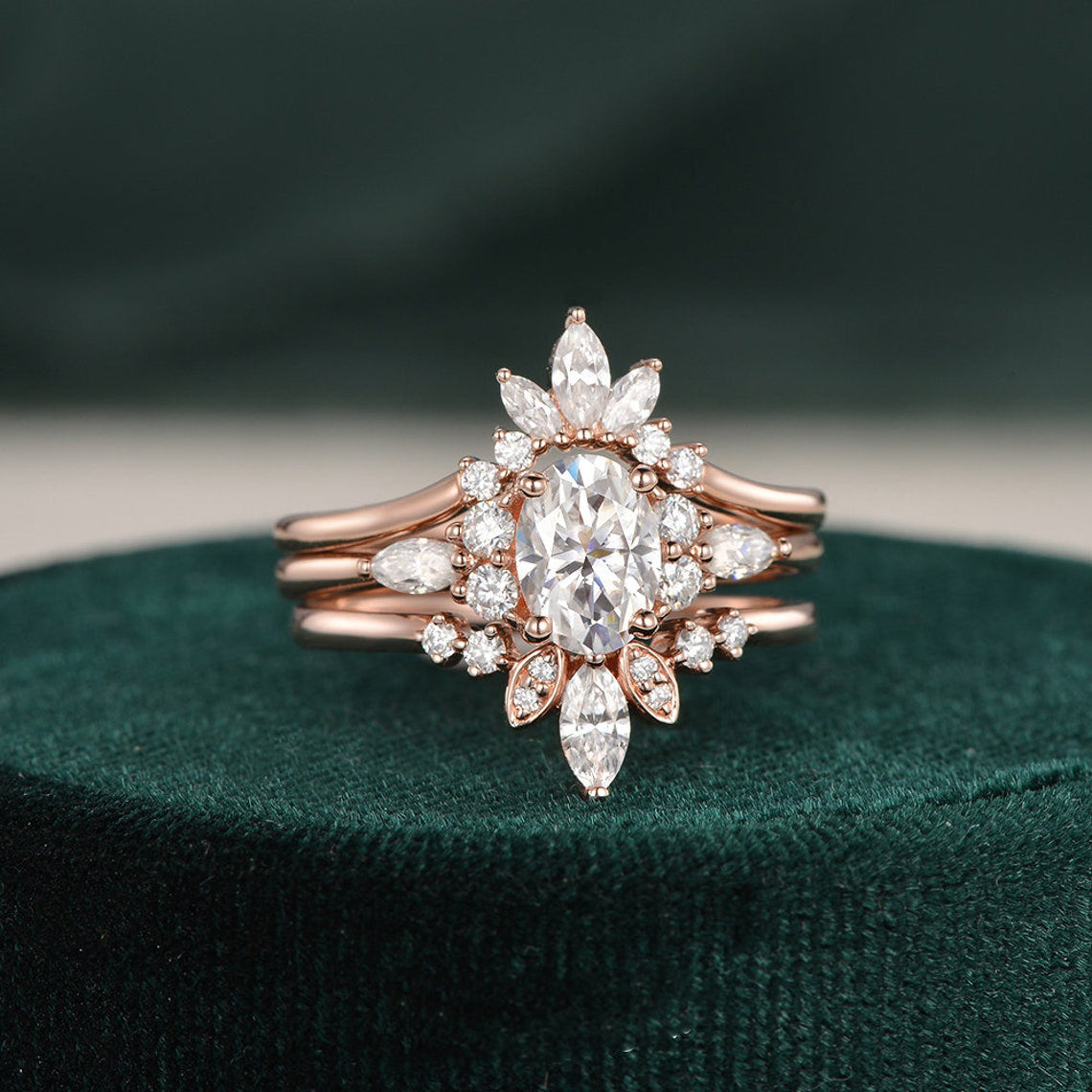 1.0 CT Oval Cut Cluster Art Deco Moissanite Bridal Ring Set 4 1.0 CT Oval Cut Cluster Art Deco Moissanite Bridal Ring Set 4