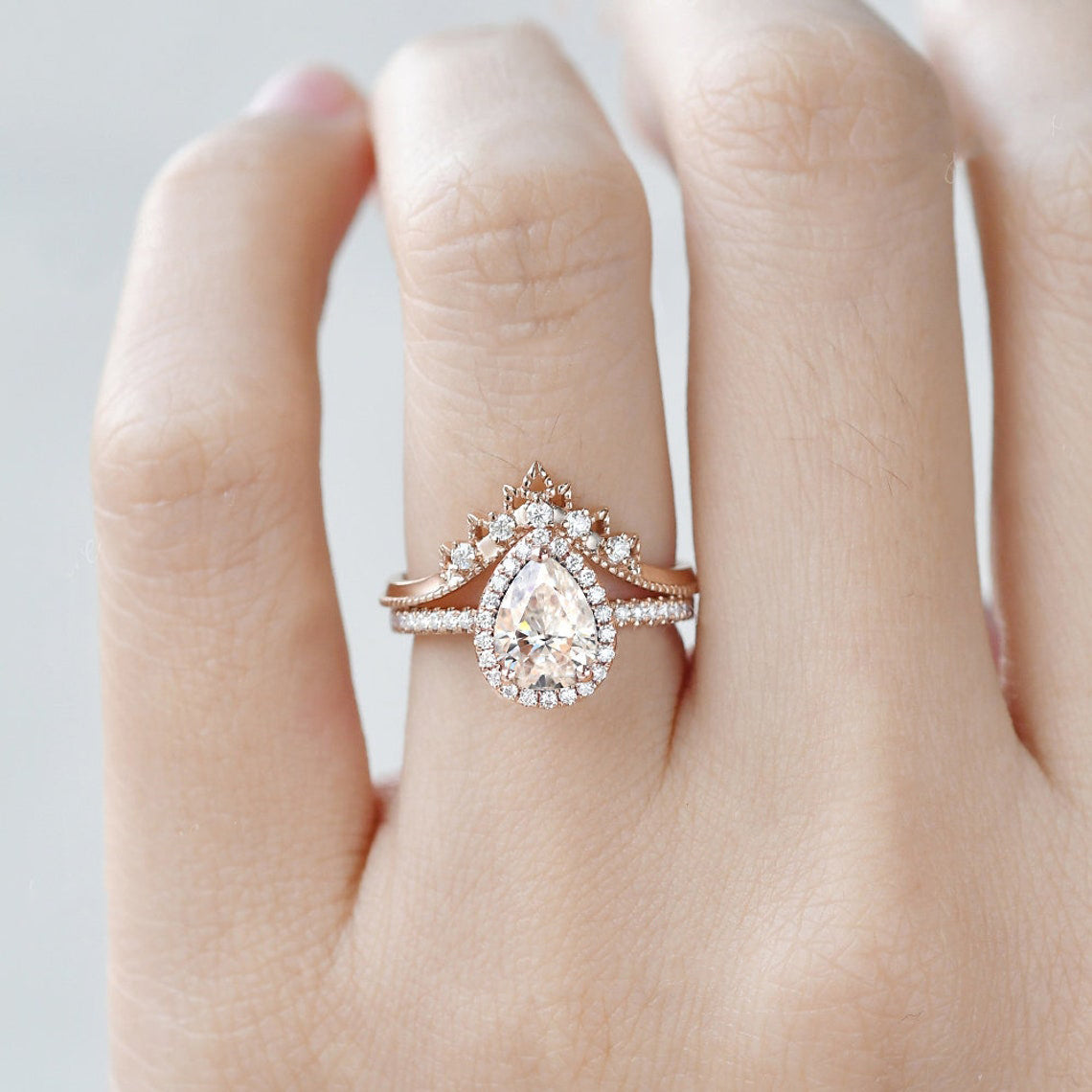 1.50 CT Pear Cut Halo Moissanite Bridal Ring Set 3 1.50 CT Pear Cut Halo Moissanite Bridal Ring Set 3