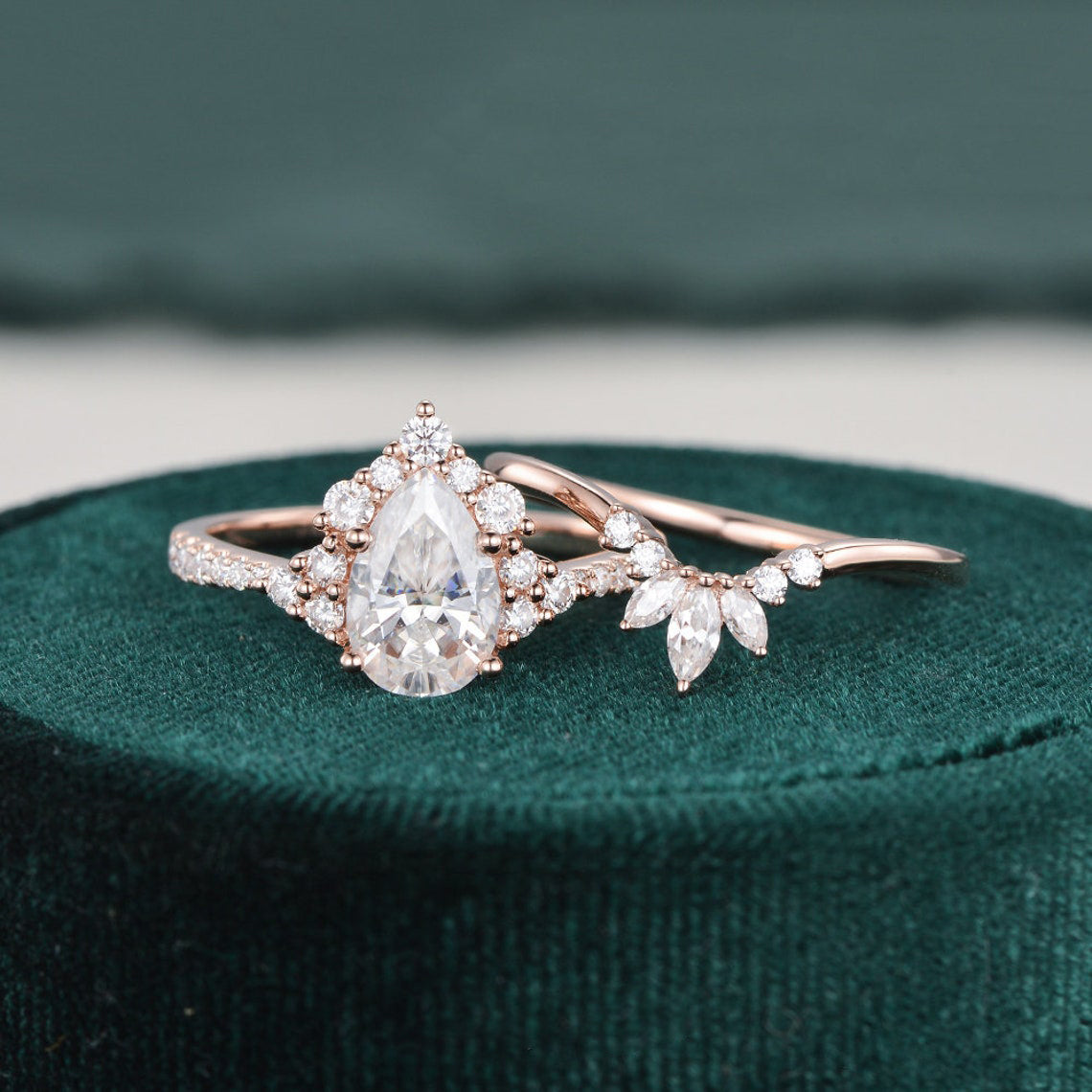 1.50 CT Pear Cut Cluster Moissanite Bridal Ring Set 3 1.50 CT Pear Cut Cluster Moissanite Bridal Ring Set 3