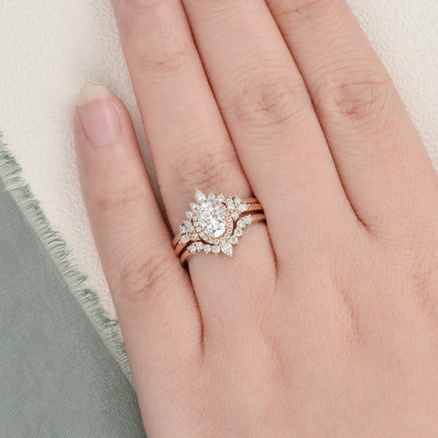 1.0 CT Oval Cut Cluster Halo Moissanite Bridal Ring Set 2 1.0 CT Oval Cut Cluster Halo Moissanite Bridal Ring Set 2