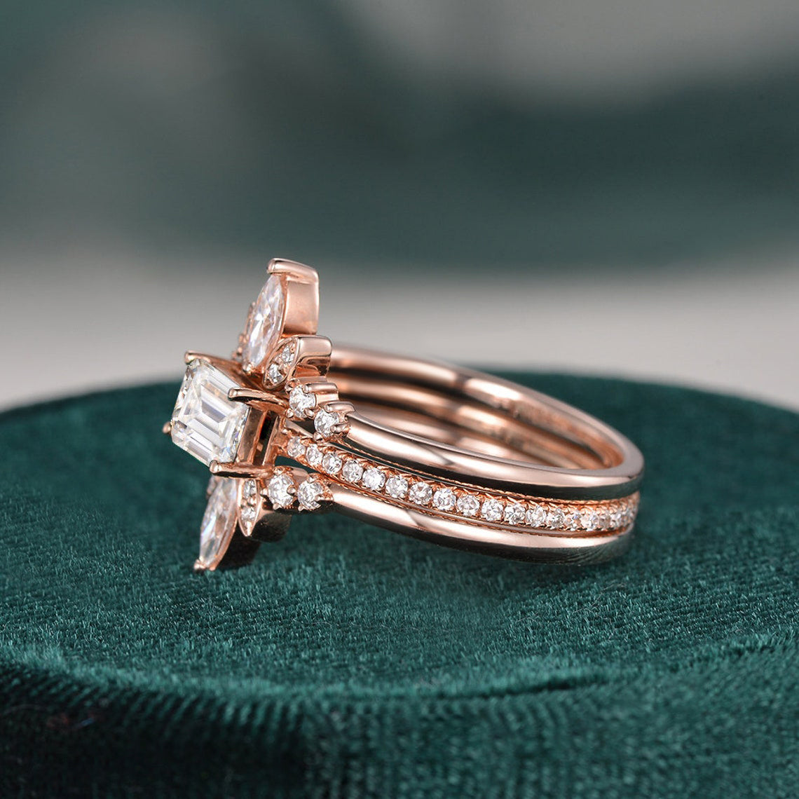 2.0 CT Emerald Cut Solitaire Pave Setting Moissanite Bridal Ring Set 6 2.0 CT Emerald Cut Solitaire Pave Setting Moissanite Bridal Ring Set 6