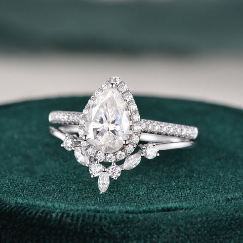 2.0 CT Pear Cut Halo Moissanite Bridal Ring Set 4 2.0 CT Pear Cut Halo Moissanite Bridal Ring Set 4