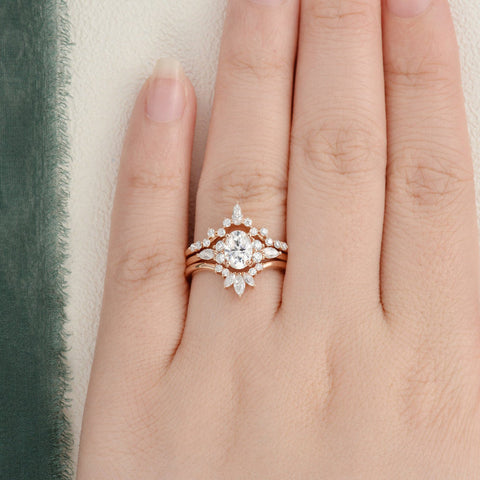 1.0 CT Oval Cut Cluster Halo Moissanite Bridal Ring Set 2 1.0 CT Oval Cut Cluster Halo Moissanite Bridal Ring Set 2
