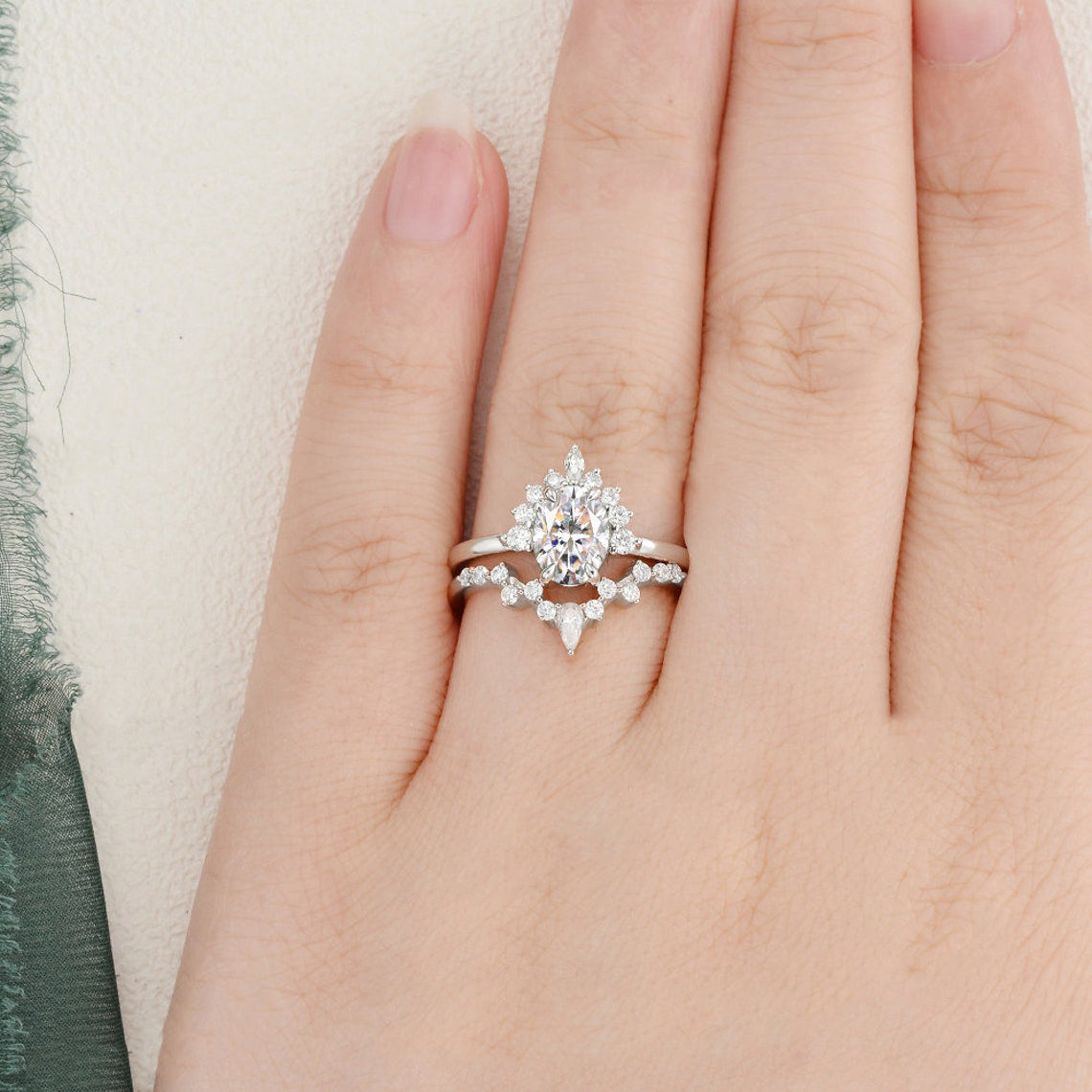 1.50 CT Pear Cut Cluster Moissanite Bridal Ring Set 2 1.50 CT Pear Cut Cluster Moissanite Bridal Ring Set 2