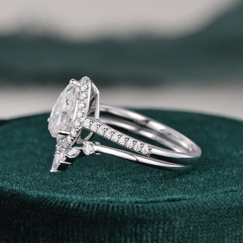 2.0 CT Pear Cut Halo Moissanite Bridal Ring Set 5 2.0 CT Pear Cut Halo Moissanite Bridal Ring Set 5