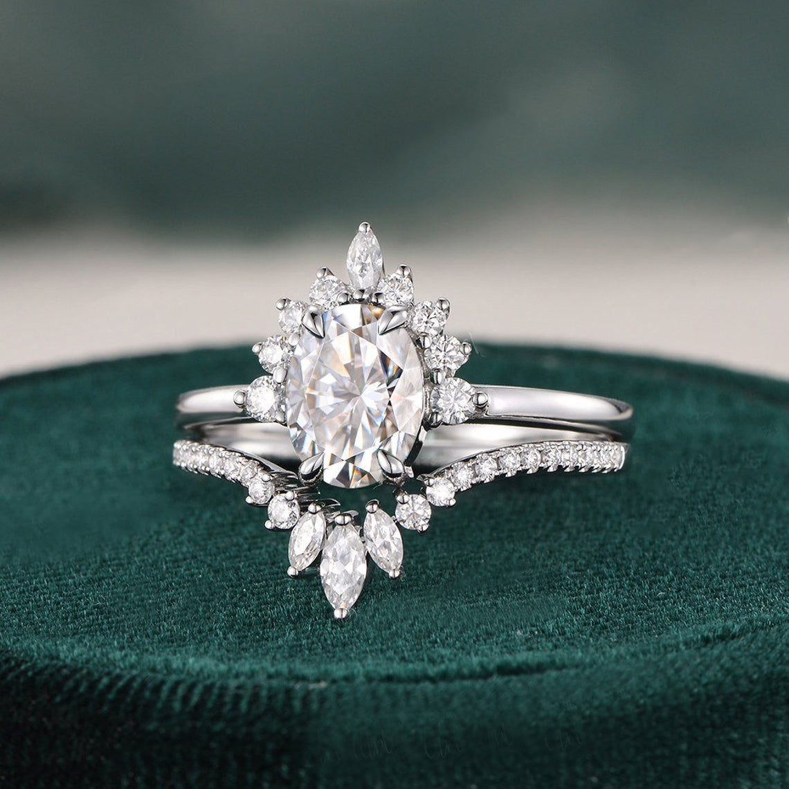 1.50 CT Oval Cut Cluster Art Deco Moissanite Bridal Ring Set 5 1.50 CT Oval Cut Cluster Art Deco Moissanite Bridal Ring Set 5