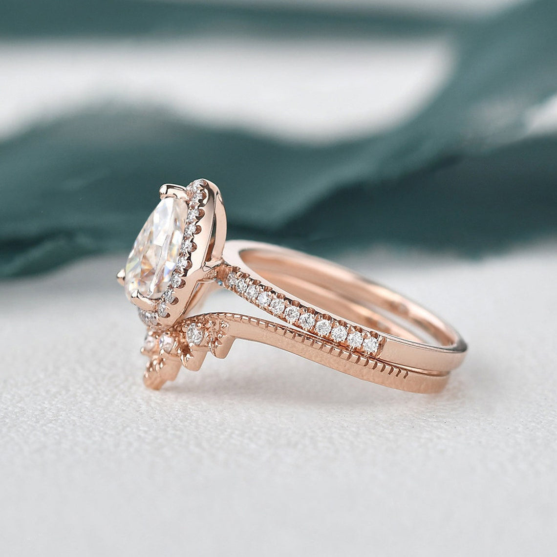 1.50 CT Pear Cut Halo Moissanite Bridal Ring Set 6 1.50 CT Pear Cut Halo Moissanite Bridal Ring Set 6