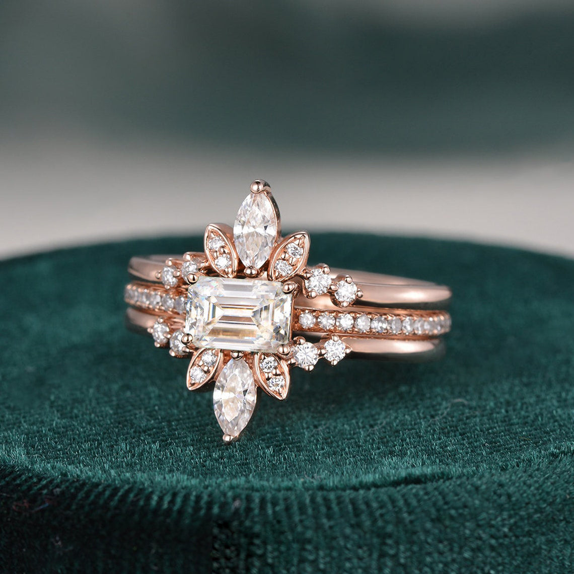 2.0 CT Emerald Cut Solitaire Pave Setting Moissanite Bridal Ring Set 5 2.0 CT Emerald Cut Solitaire Pave Setting Moissanite Bridal Ring Set 5