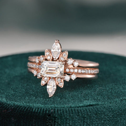 2.0 CT Emerald Cut Solitaire Pave Setting Moissanite Bridal Ring Set 5 2.0 CT Emerald Cut Solitaire Pave Setting Moissanite Bridal Ring Set 5