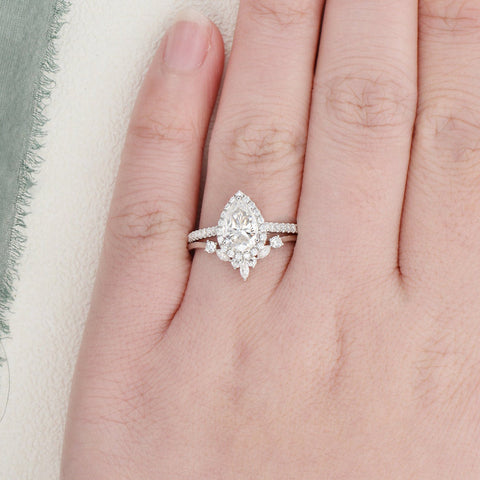 2.0 CT Pear Cut Halo Moissanite Bridal Ring Set 2 2.0 CT Pear Cut Halo Moissanite Bridal Ring Set 2