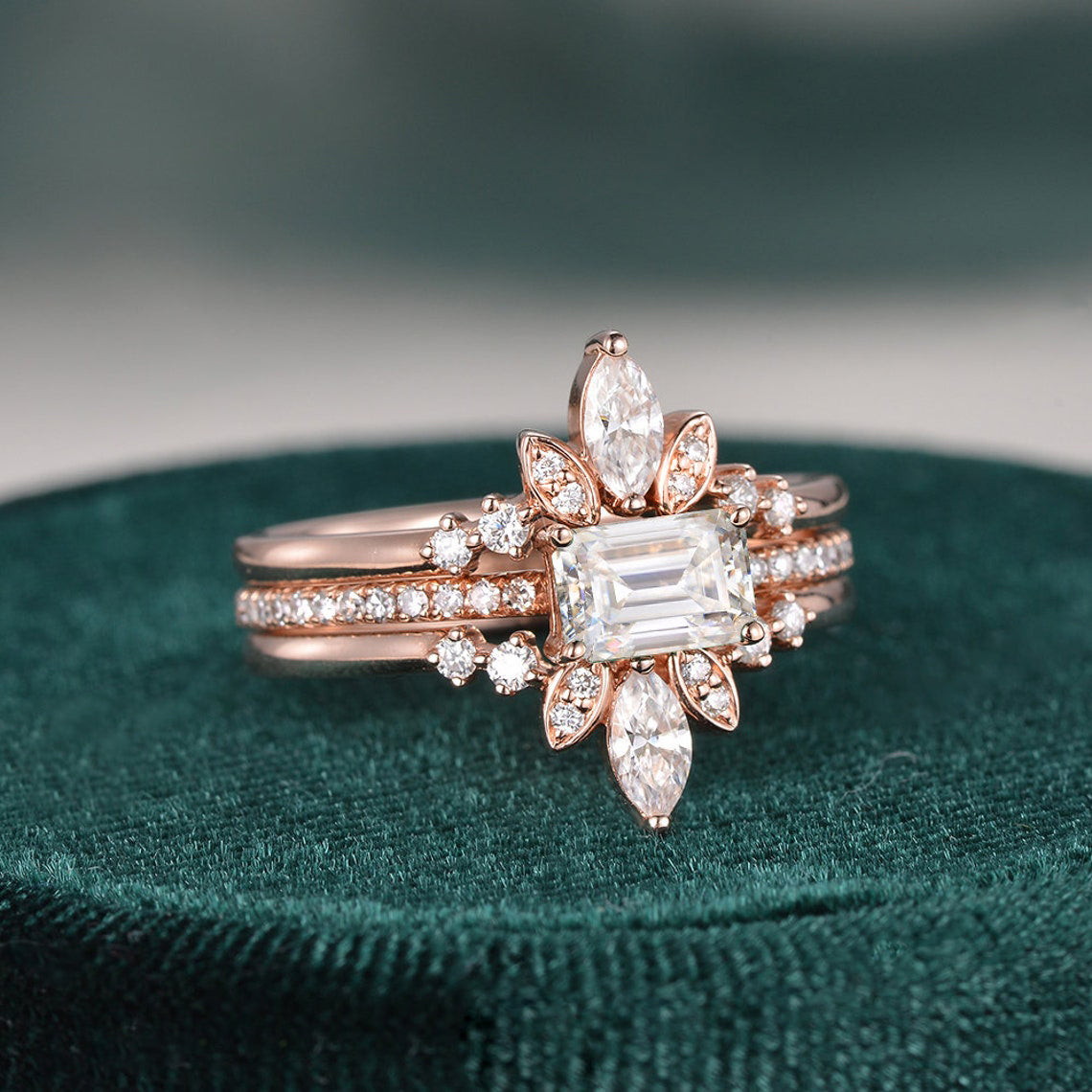 2.0 CT Emerald Cut Solitaire Pave Setting Moissanite Bridal Ring Set 4 2.0 CT Emerald Cut Solitaire Pave Setting Moissanite Bridal Ring Set 4