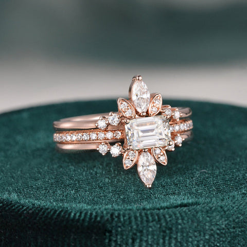 2.0 CT Emerald Cut Solitaire Pave Setting Moissanite Bridal Ring Set 4 2.0 CT Emerald Cut Solitaire Pave Setting Moissanite Bridal Ring Set 4