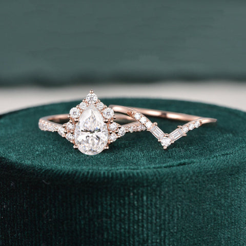1.50 CT Pear Cut Cluster Art Deco Moissanite Bridal Ring Set 6 1.50 CT Pear Cut Cluster Art Deco Moissanite Bridal Ring Set 6