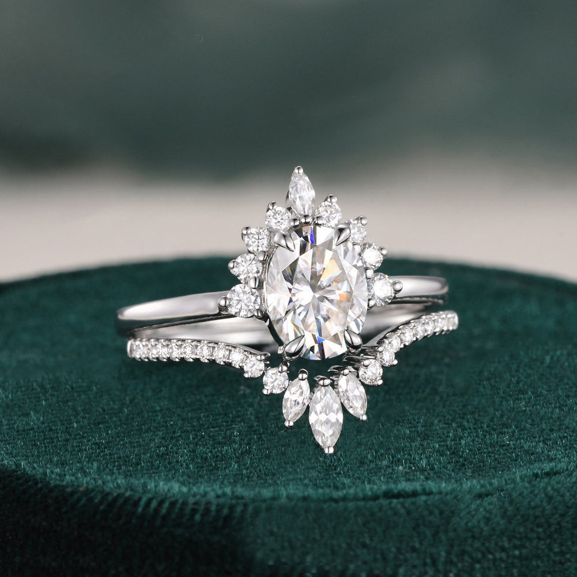 1.50 CT Oval Cut Cluster Art Deco Moissanite Bridal Ring Set 4 1.50 CT Oval Cut Cluster Art Deco Moissanite Bridal Ring Set 4