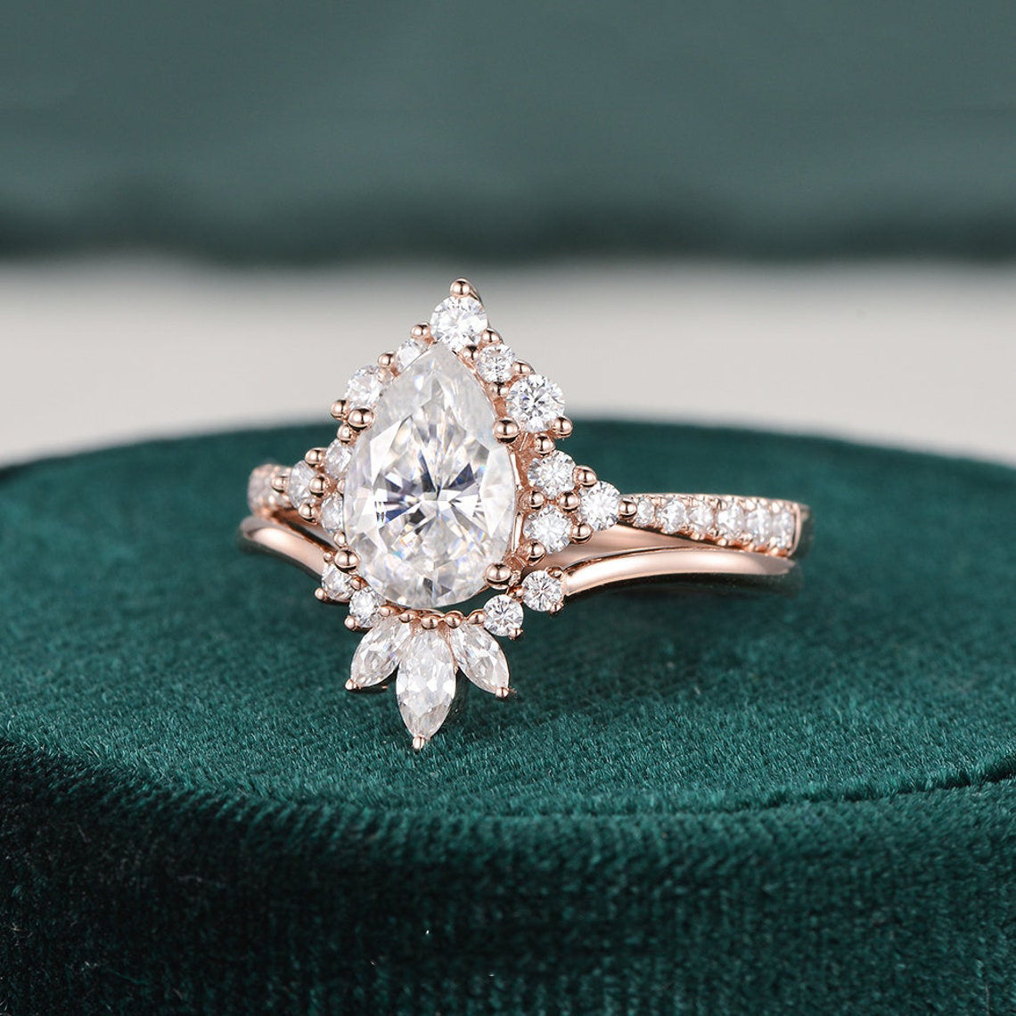 1.50 CT Pear Cut Cluster Moissanite Bridal Ring Set 5 1.50 CT Pear Cut Cluster Moissanite Bridal Ring Set 5
