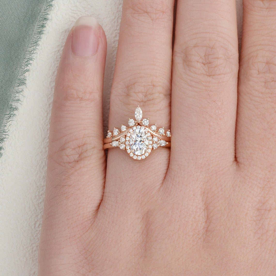 2.0 CT Oval Cut Cluster Halo Moissanite Bridal Ring Set 2 2.0 CT Oval Cut Cluster Halo Moissanite Bridal Ring Set 2