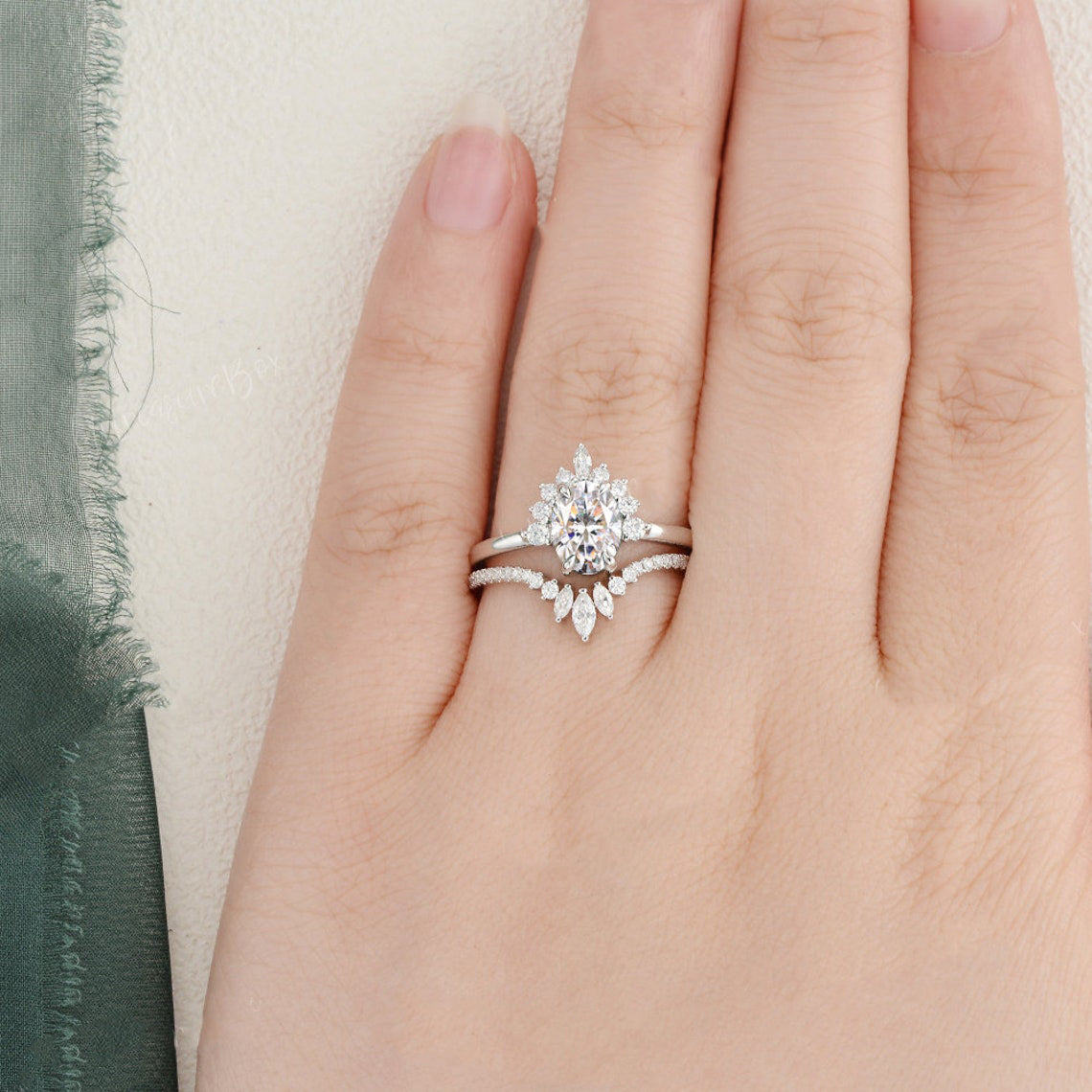 1.50 CT Oval Cut Cluster Art Deco Moissanite Bridal Ring Set 2 1.50 CT Oval Cut Cluster Art Deco Moissanite Bridal Ring Set 2