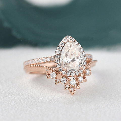 1.50 CT Pear Cut Halo Moissanite Bridal Ring Set 7 1.50 CT Pear Cut Halo Moissanite Bridal Ring Set 7