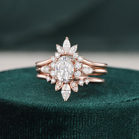1.0 CT Oval Cut Cluster Art Deco Moissanite Bridal Ring Set 5 1.0 CT Oval Cut Cluster Art Deco Moissanite Bridal Ring Set 5