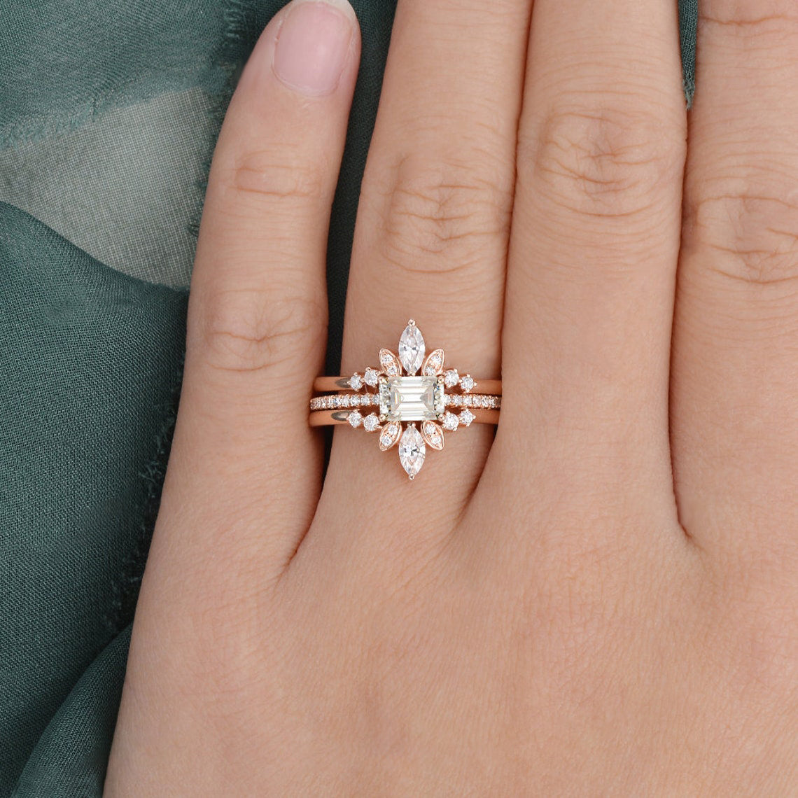 2.0 CT Emerald Cut Solitaire Pave Setting Moissanite Bridal Ring Set 2 2.0 CT Emerald Cut Solitaire Pave Setting Moissanite Bridal Ring Set 2