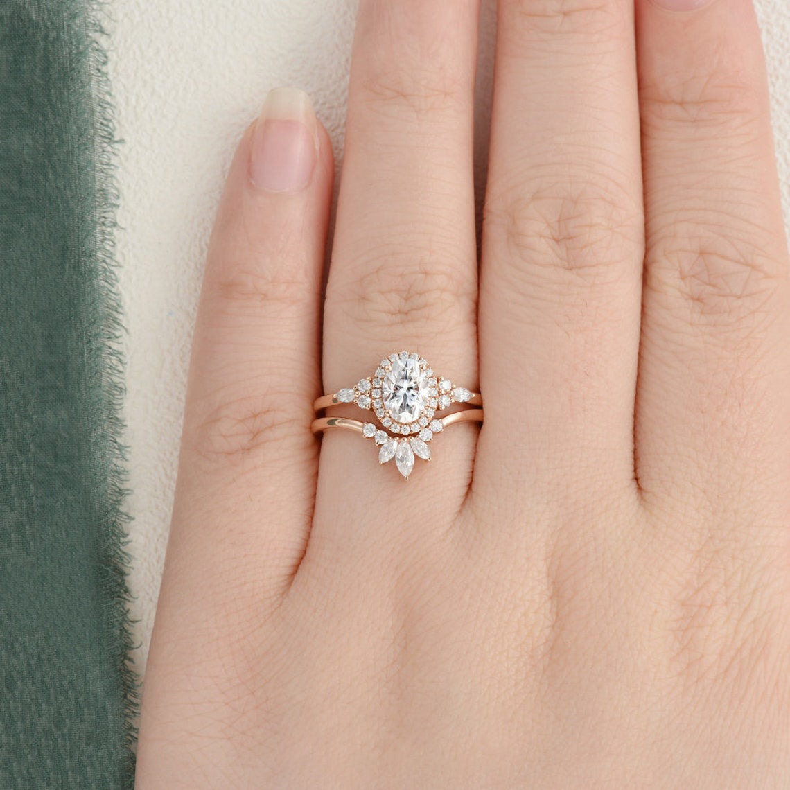 2.0 CT Oval Cut Cluster Halo Moissanite Bridal Ring Set 2 2.0 CT Oval Cut Cluster Halo Moissanite Bridal Ring Set 2