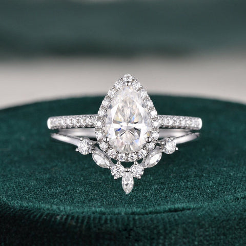 2.0 CT Pear Cut Halo Moissanite Bridal Ring Set 1 2.0 CT Pear Cut Halo Moissanite Bridal Ring Set 1